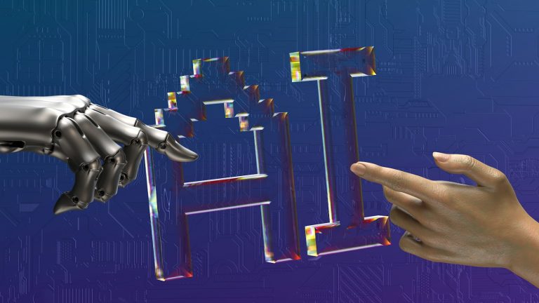 Robot and human hands reaching toward AI text, illustrating llms.txt for AI search