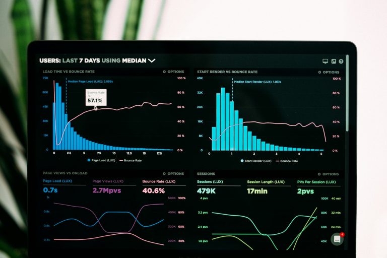 Google Search Console performance data shown as graphs on a laptop screen